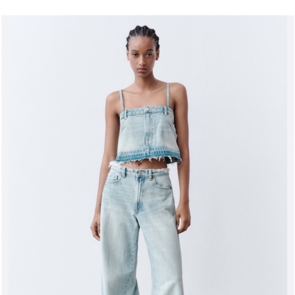 ZARA Denim Corset Crop Top Light Wash Frayed Hem Strappy Y2K Festival Size L